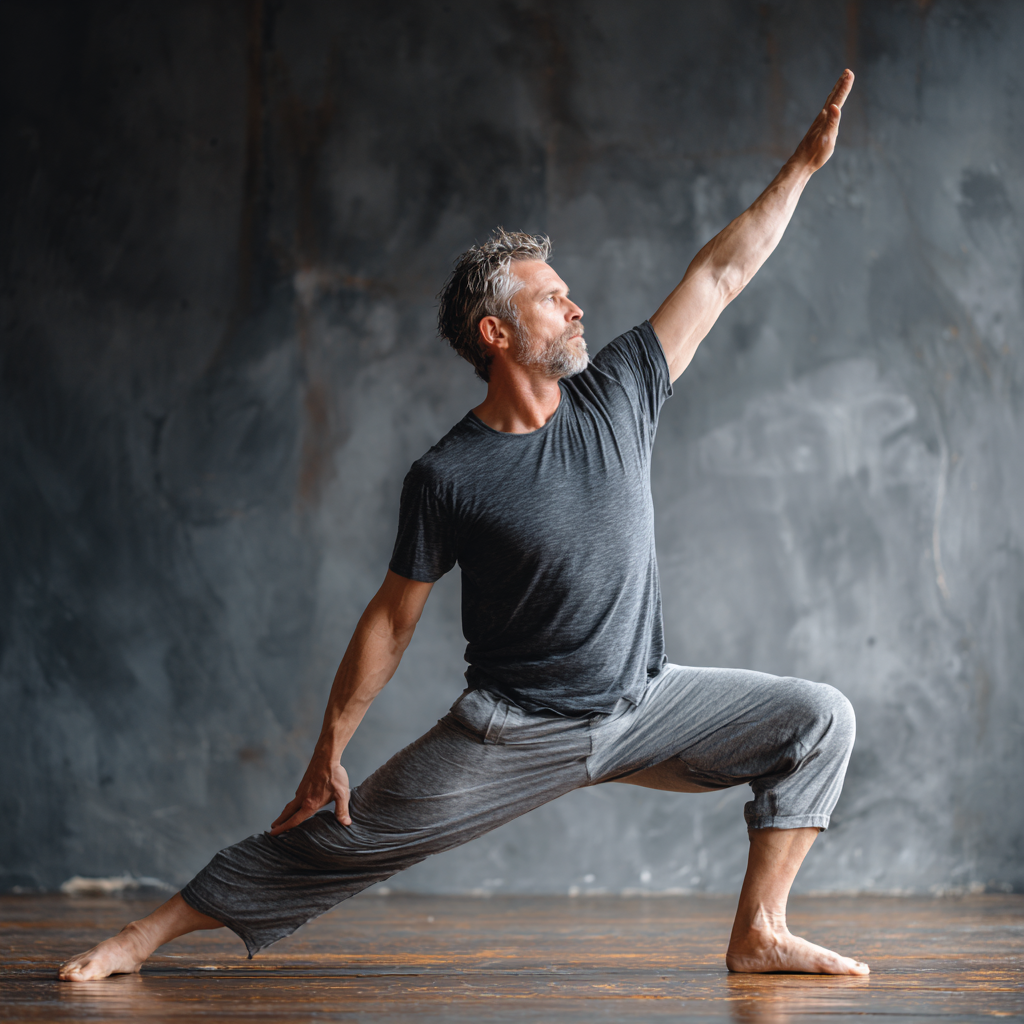 middle-aged person showing strength and flexibility benefits from yoga practice