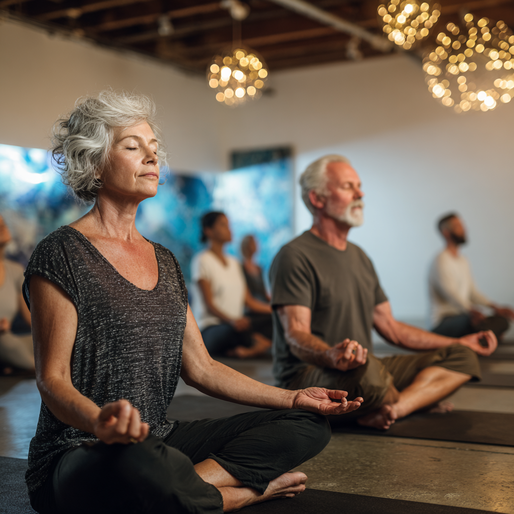 serene yoga studio with mature practitioners in meditation